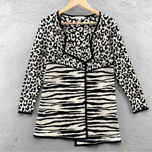 Notations Women’s Knit Sweater Cardigan Black White Leopard Animal Print Cotton